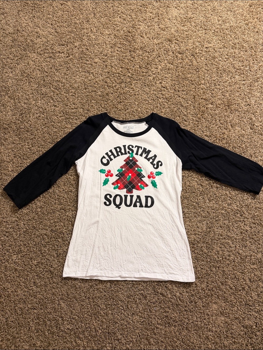 Christmas Squad Raglan Long Sleeve Tee - Black & White Plaid Tree